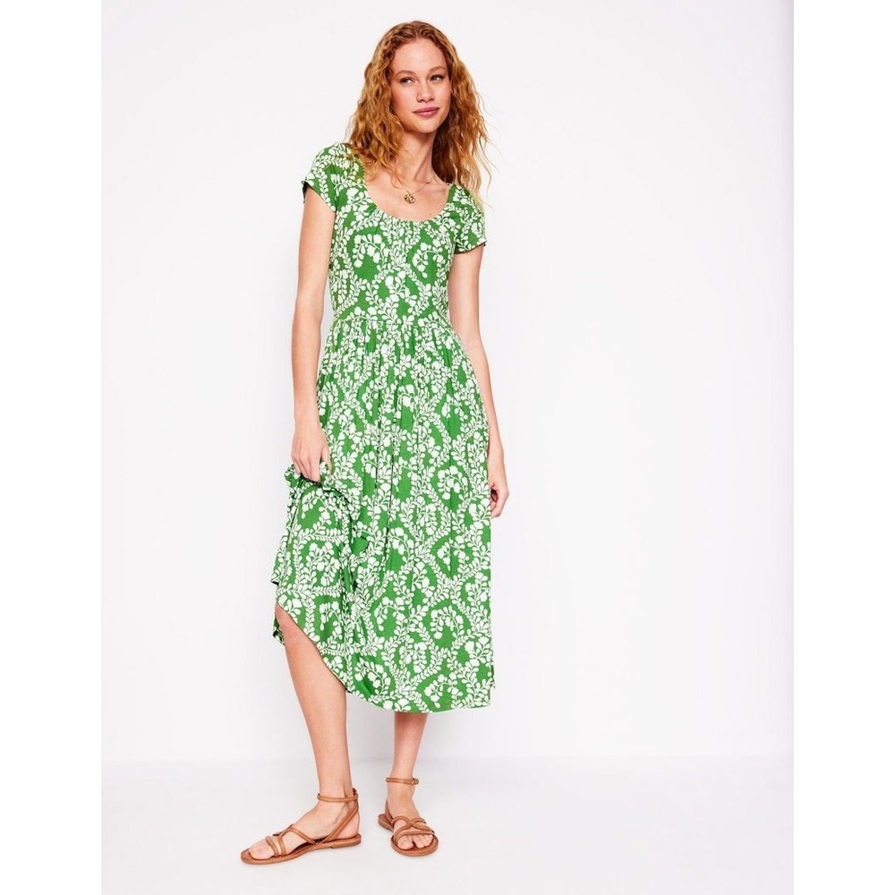 Boden Green White Leaf Print Jersey Midi Dress US 12P Short Sleeve Coastal